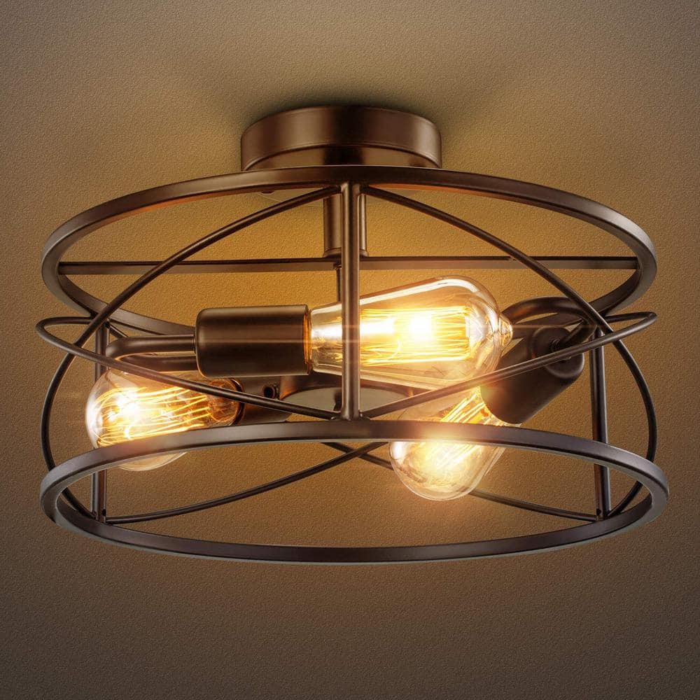3-Light Matte Black Farmhouse Semi-Flush Mount Ceiling Light, Retro Industrial Drum Cage Light for Bedroom, Hallway - Hercitys