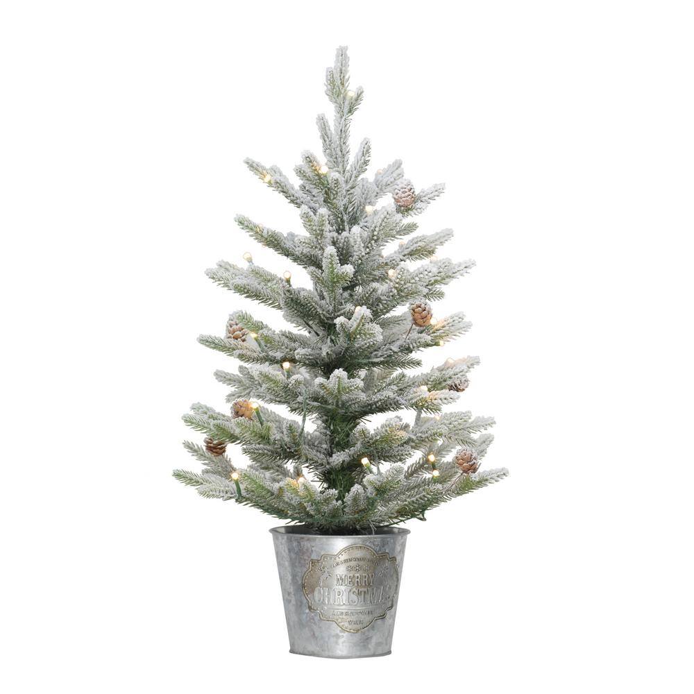 2 ft. Green Prelit Flocked Table Top Artificial Christmas Tree with 35 Lights in Silver Metal Pot with Pinecones - Hercitys