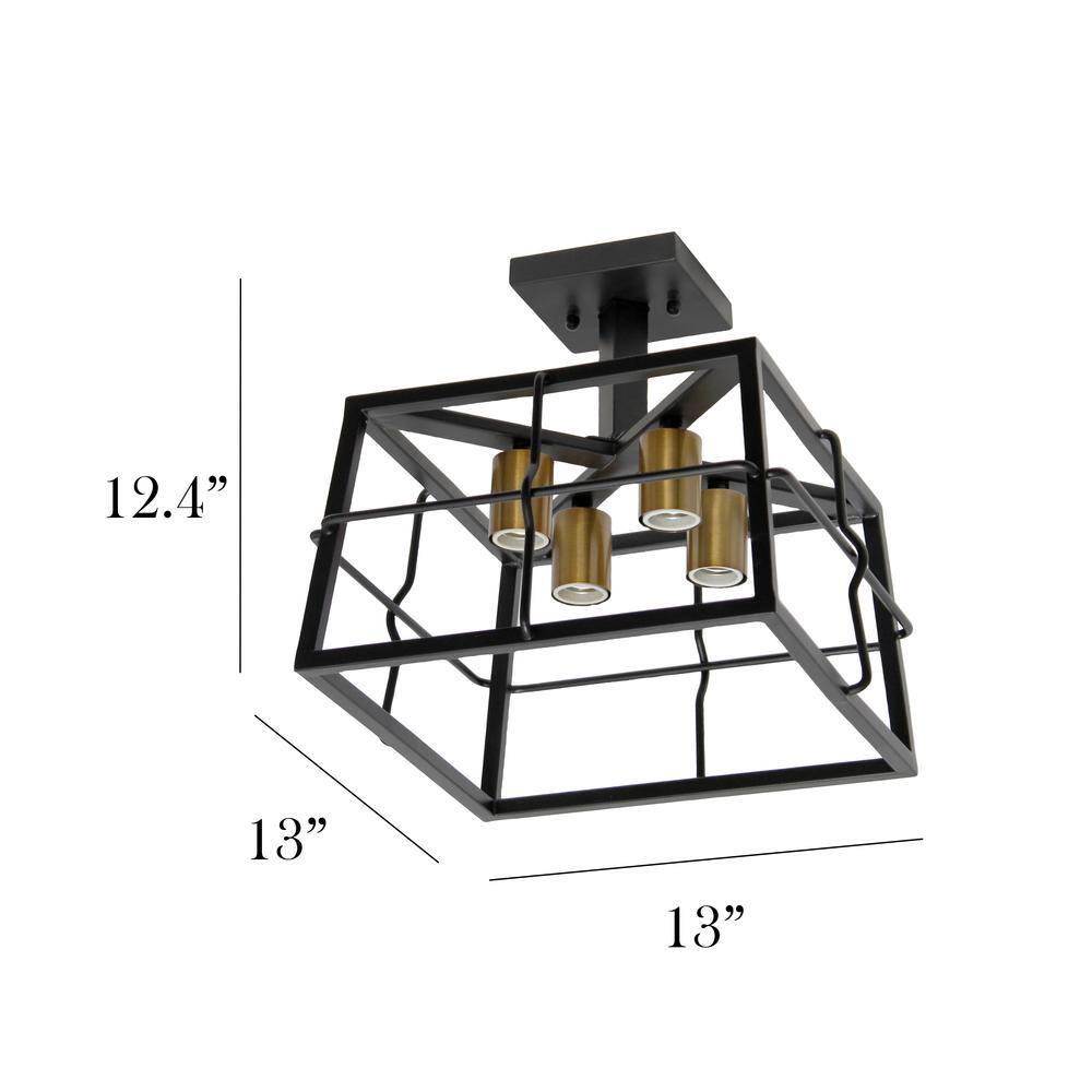 12.4 in. 4-Light Black Semi Flush Mount Fixture Industrial Farmhouse Caged Square Metal Frame Ceiling - Hercitys