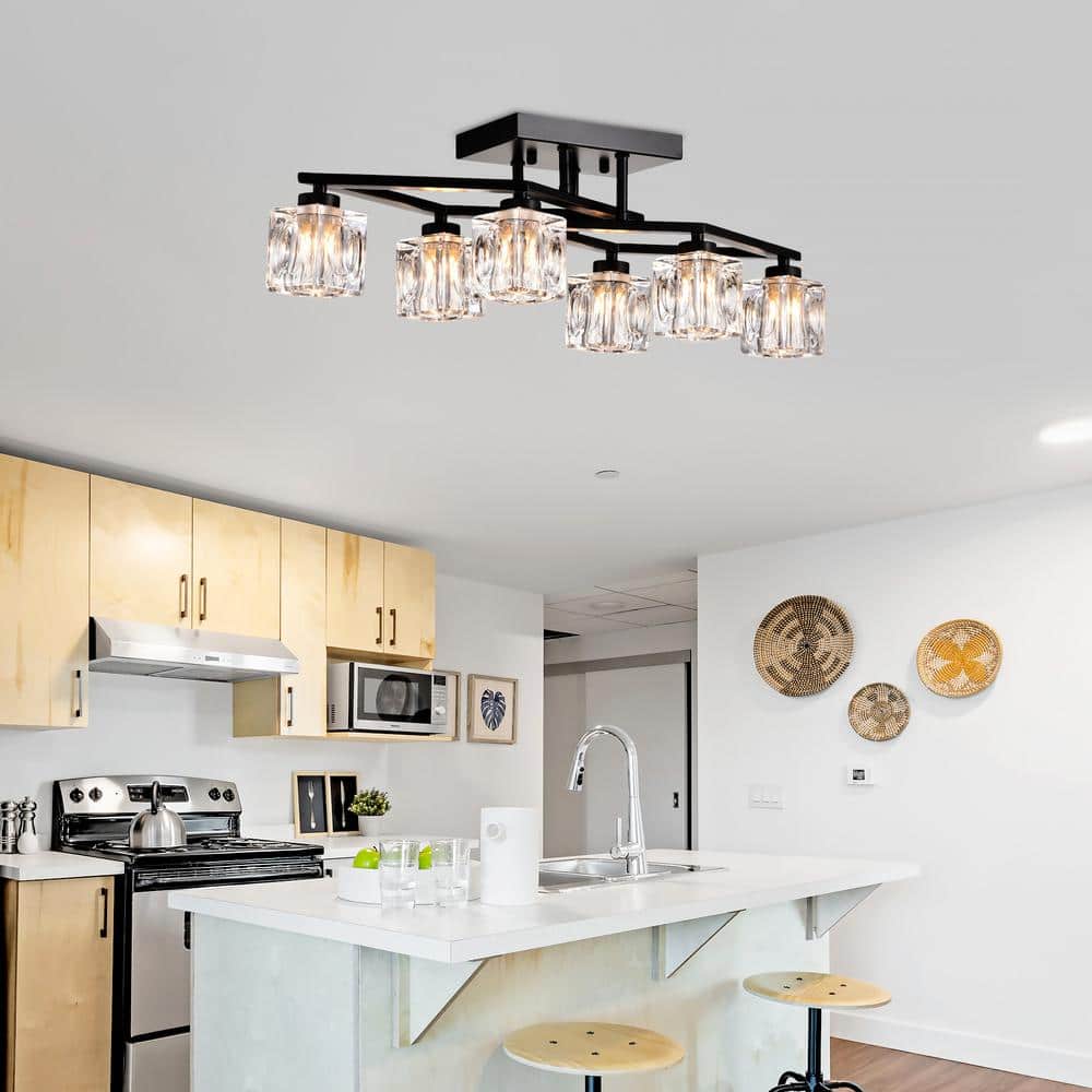 24.9 in. 6-Light Black Modern Farmhouse Flush Mount with Cube Shade - Hercitys