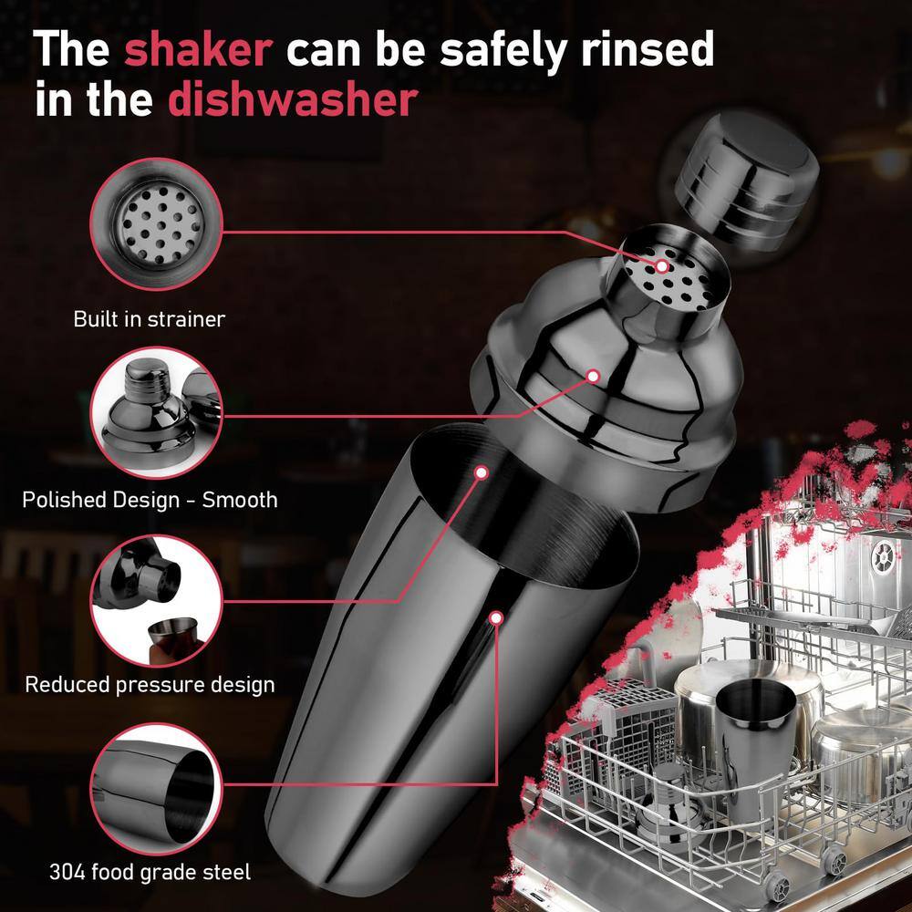 3 in 1 25 oz. Black Stainless Steel 1-Piece Cocktail Shaker with Measuring Jigger and Mixing Spoon - Hercitys