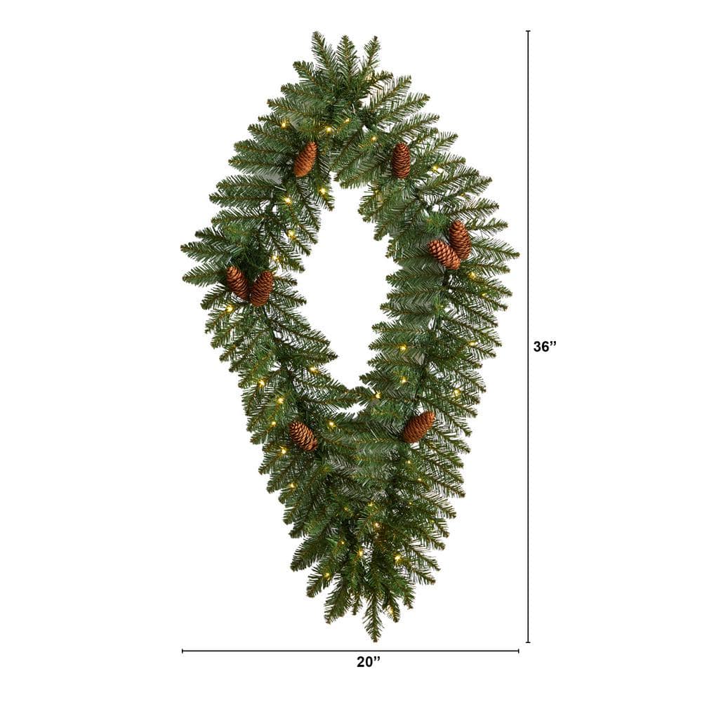 36 in. Prelit LED Geometric Diamond Artificial Christmas Wreath with Pinecones and 50 Warm White LED Lights - Hercitys