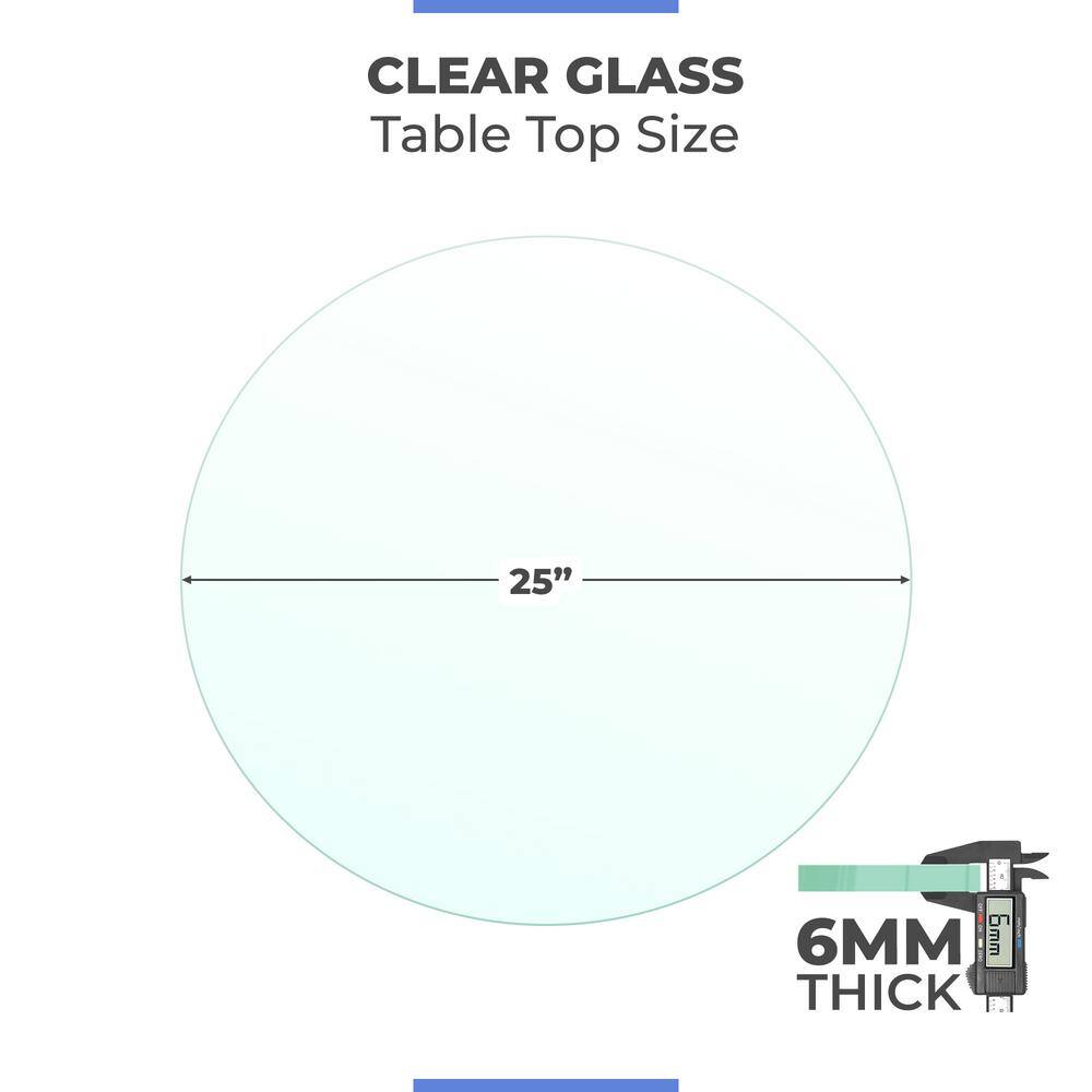 25 in. Clear Round Glass Table Top, 1/4 in. Thickness Tempered Flat Edge Polished - Hercitys