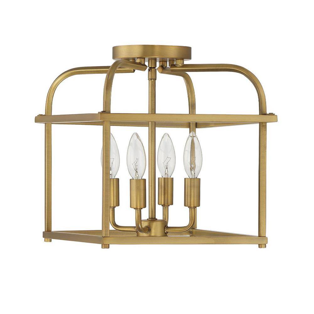 12 in. W x 12.5 in. H 4-Light Natural Brass Semi- Flush Mount Ceiling Light with Metal Cage Frame - Hercitys