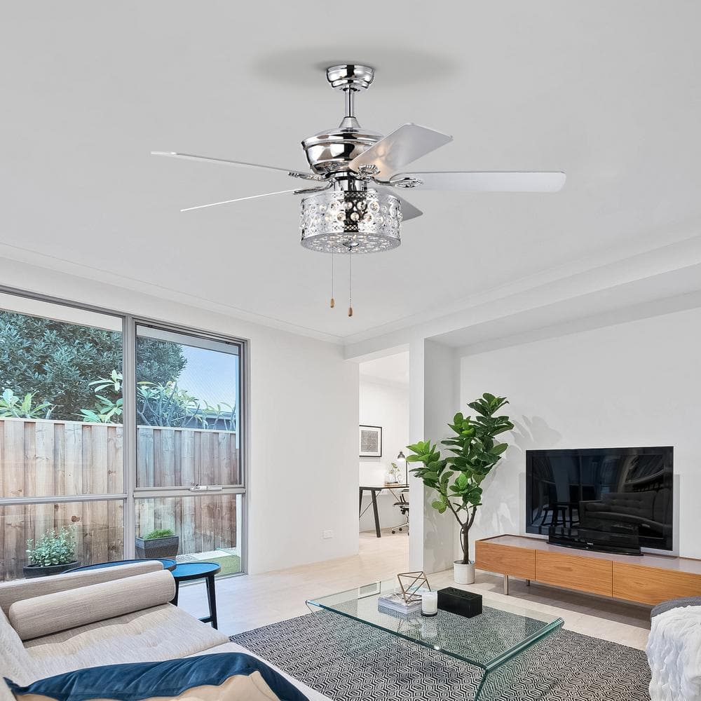 52 in. Indoor/Outdoor Chrome Ceiling Fan with Lights and 5 Blades Reversible Motor Fan Light with Pull Chain Control - Hercitys
