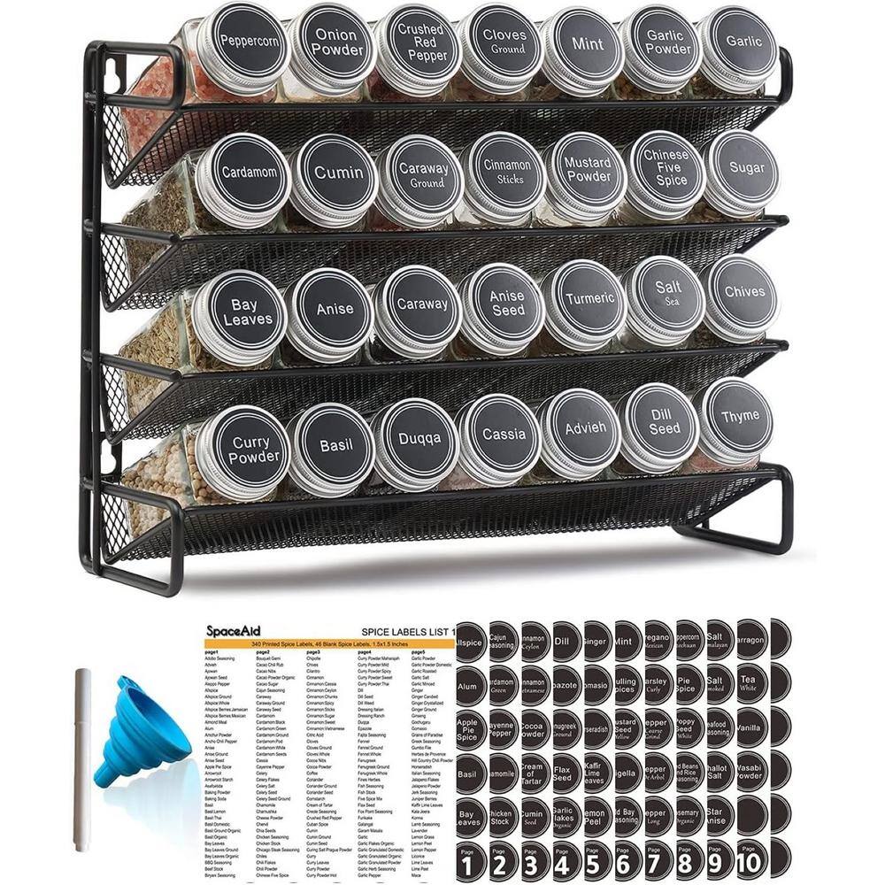 4 Shelf Black Wall-Mount Spice Rack Organizer-28 Jars, 13.4 in. W x 10.8 in. H - Hercitys