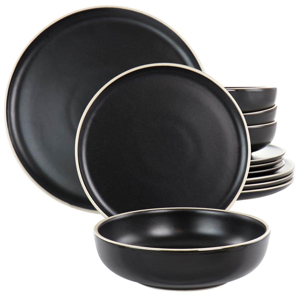 12 Piece In Black Round Stoneware Dinnerware Set Serenade - Hercitys