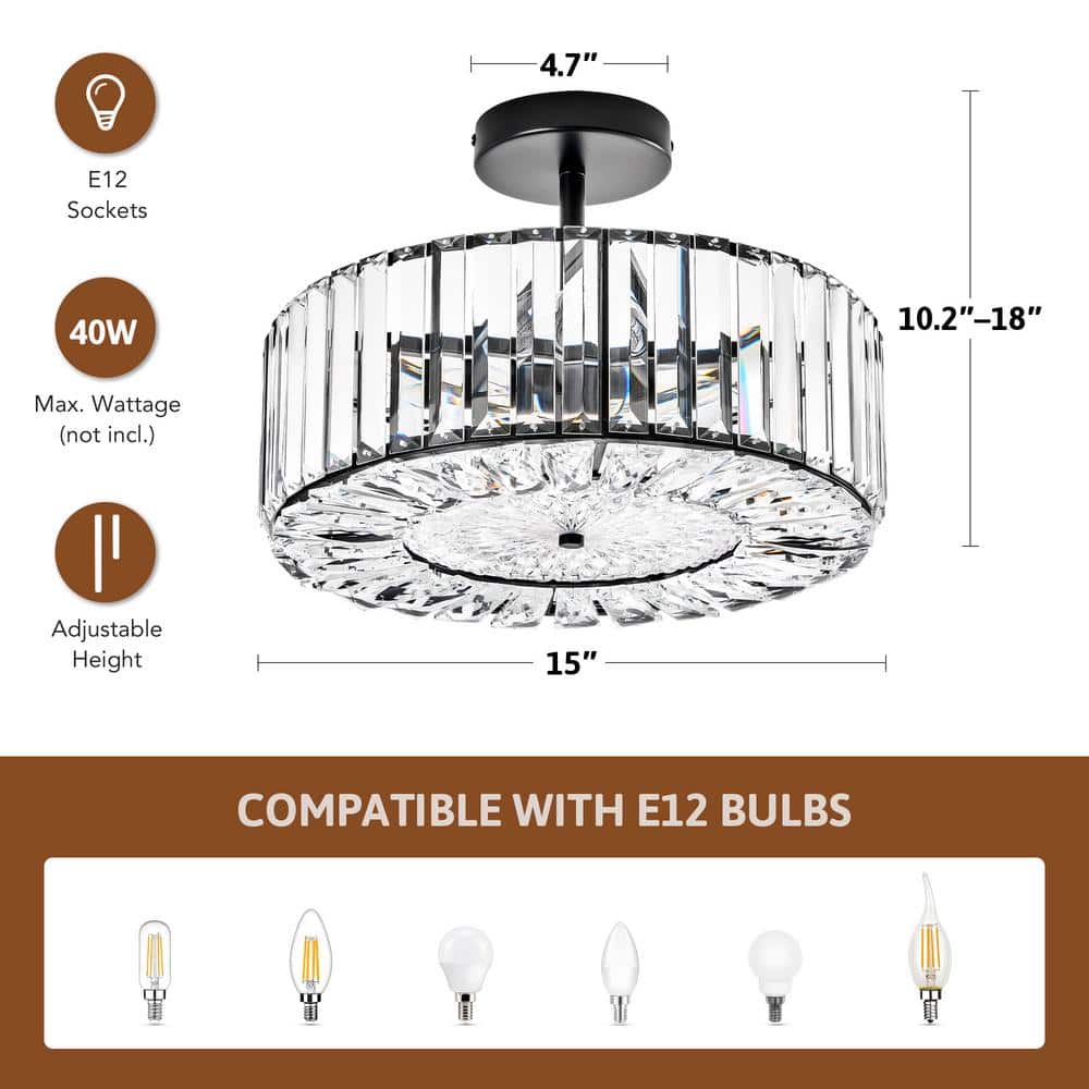 15 in. 4-Light Black Crystal Semi Flush Mount Ceiling Light With Clear Glass Shade - Hercitys