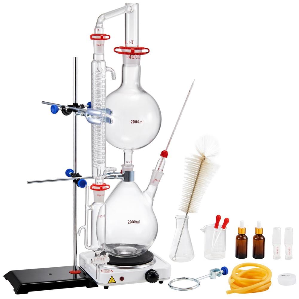 2000ml Essential Oil Distillation Kit, 3.3-Boro Glassware, 1000-Watt Heating Plate, 24/40 Joint, 28-Pieces Set - Hercitys