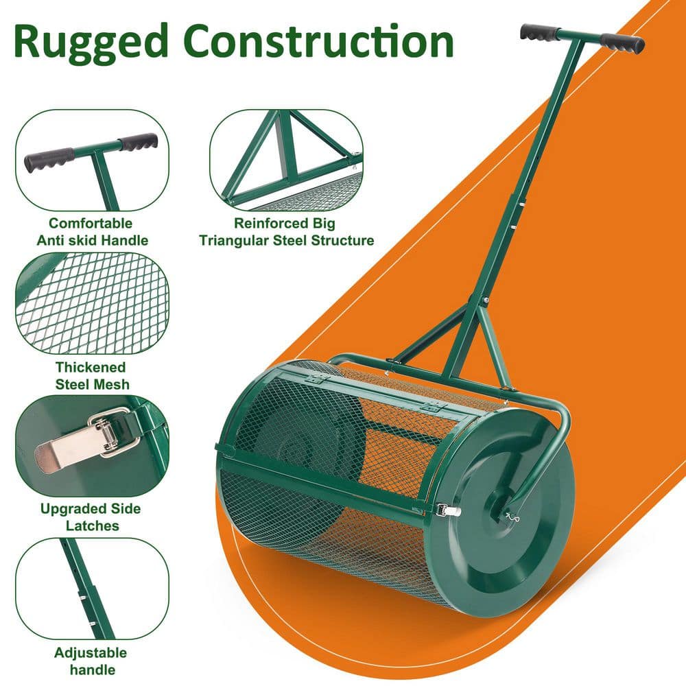 24 in. Compost Peat Moss Spreader, Heavy-Duty Metal Mesh Spreader with Adjustable Handle, Green - Hercitys