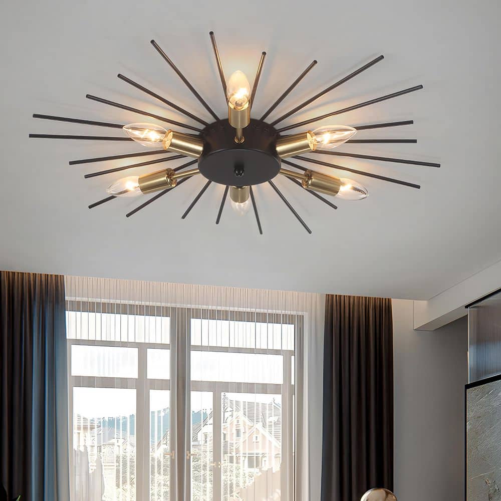 23.82 in. 6-Light Black and Gold Modern Metal Starburst Flush Mount Ceiling Light - Hercitys