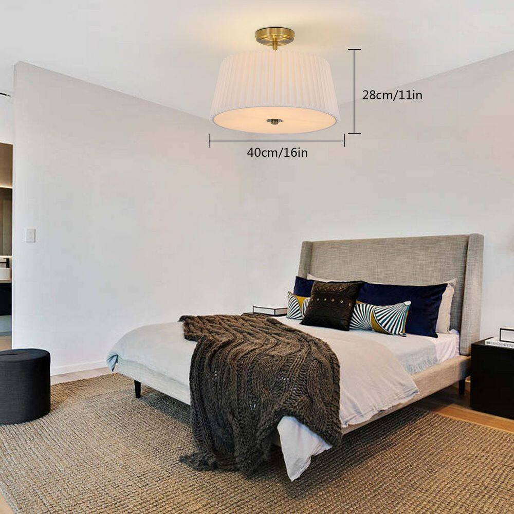 16 in. Modern 3-Light White Fabric Semi-Flush Mount Ceiling Light with Pleated Shade - Hercitys