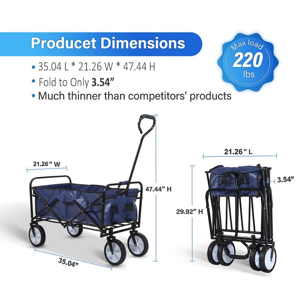 4.91 cu. ft. Steel Garden Cart, Rolling Collapsible Camping Wagon w/360-Degree Swivel Wheels & Adjustable Handle in Blue - Hercitys