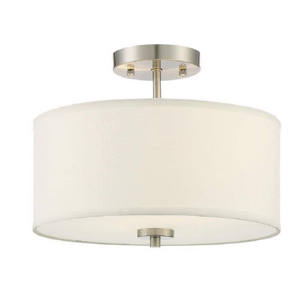 13 in. W x 10 in. H 2-Light Brushed Nickel Semi-Flush Mount Ceiling Light with White Fabric Shade - Hercitys