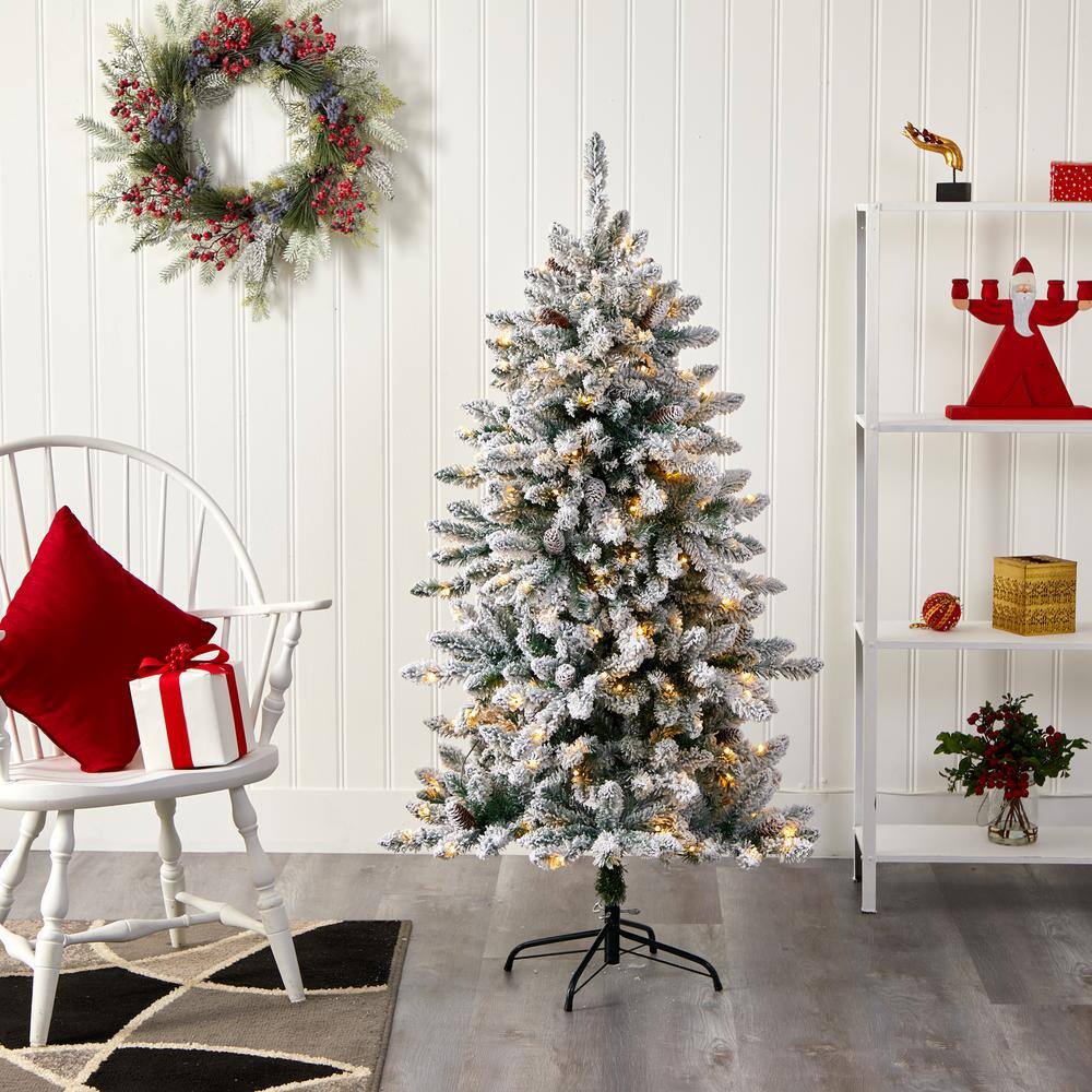 5 ft. Pre-Lit Flocked Livingston Fir Artificial Christmas Tree with Pine Cones and 200 Clear Warm LED Lights - Hercitys