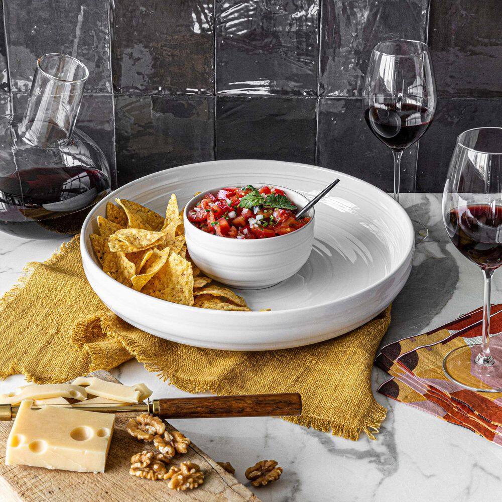 12.99 in. White Stoneware Serving Bowl Round Chip and Dip - Hercitys