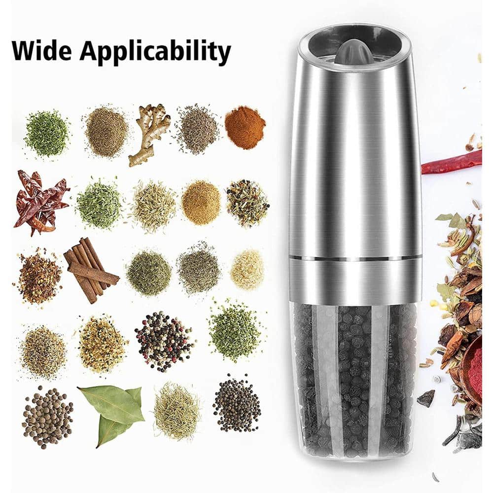 2-Pack Stainless Steel Black Gravity Electric Automatic Pepper and Salt Grinder Set; Battery Powered with LED Light - Hercitys