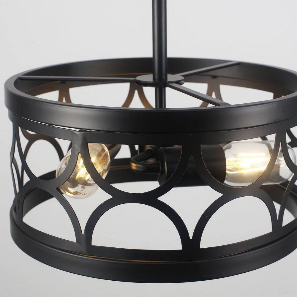 12.6 in. 3-Light Black Farmhouse Drum Semi-Flush Mount Light with Metal Shade - Hercitys