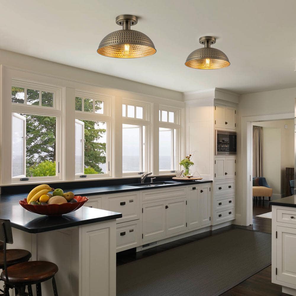 12.2 in. 1-Light Antique Brass Semi-Flush Mount Ceiling Light with Dome Metal Shade - Hercitys