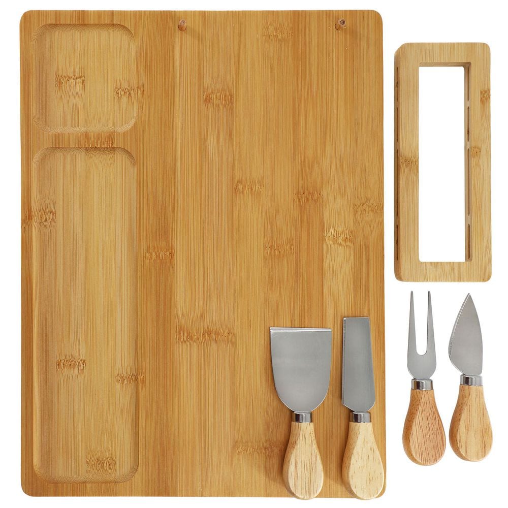 14 in. Bamboo Charcuterie and Cheese Board with Knife Stand Attachment and 4 Piece Knife Set - Hercitys