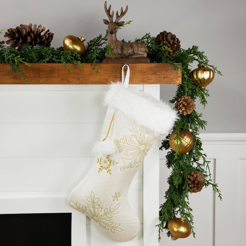 20 in. White Snowflakes Christmas Stocking with Cuff - Hercitys