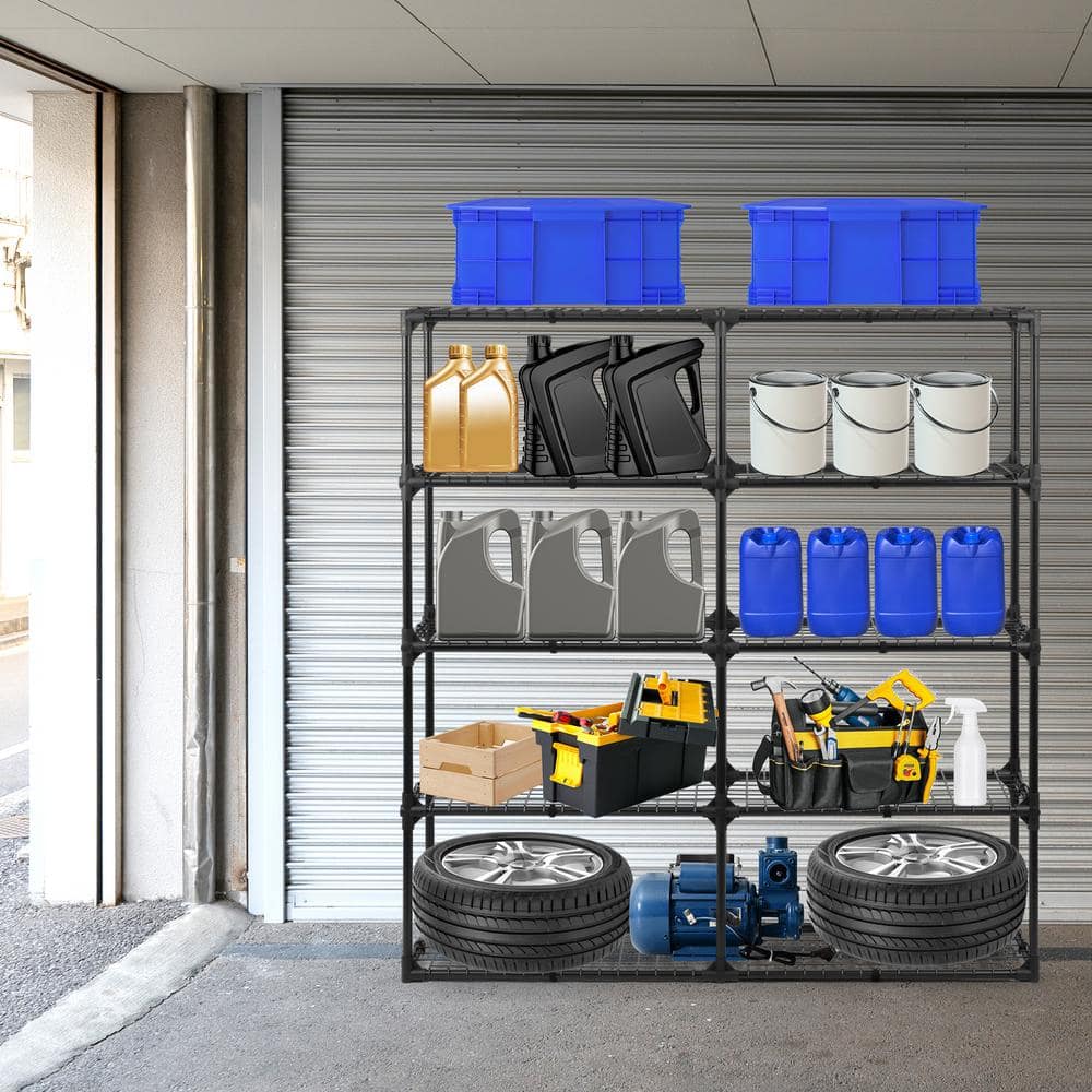 5 Tier Black Heavy Duty Wire Shelf, Holds 1100 lbs. 2-Pack 57 in. x 14 in. x 60 in. - Hercitys