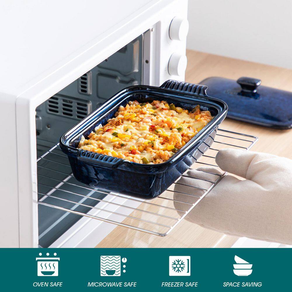 1-Piece Rectangle Stoneware Casserole Dish Set with Lid Baking Tray Lasagna Pan Pie Dish Blue Bakeware 1.9 qt. - Hercitys
