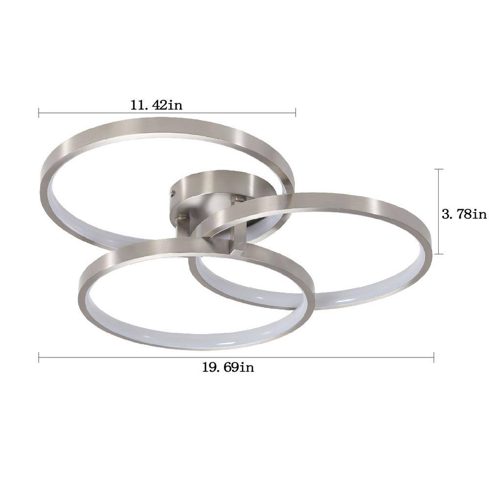 19.69 in. 22-Watt Modern Simple 3 Ring Design Chrome Integrated LED Flush Mount with White Acrylic Shade - Hercitys