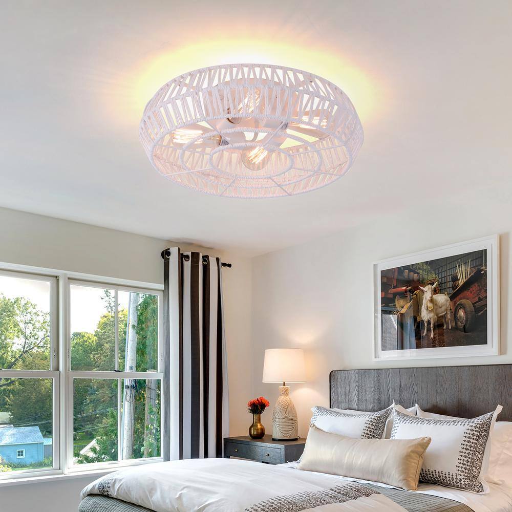 19.3 in. 4-Light White Caged Flush Mount with Rattan Shade and No Bulbs Included - Hercitys