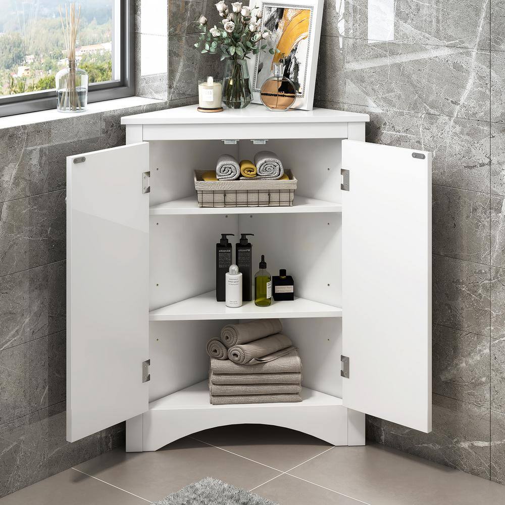 18 in. L x 18 in. W x 32 in. H in White Ready to Assemble Triangle Bathroom Storage Cabinet with Adjustable Shelves - Hercitys