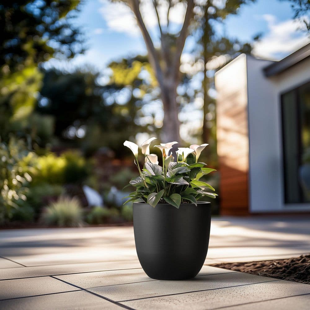 18 in. Large Charcoal Black Concrete Round Planter / Pot with Drainage Holes - Hercitys