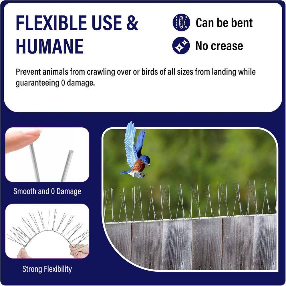 13 in. x 1.1 in. Stainless Steel Base Bird Spikes Deterrent, Arrow Pigeon Spikes Fence Kit, Covers 15 ft. (14-Pack) - Hercitys