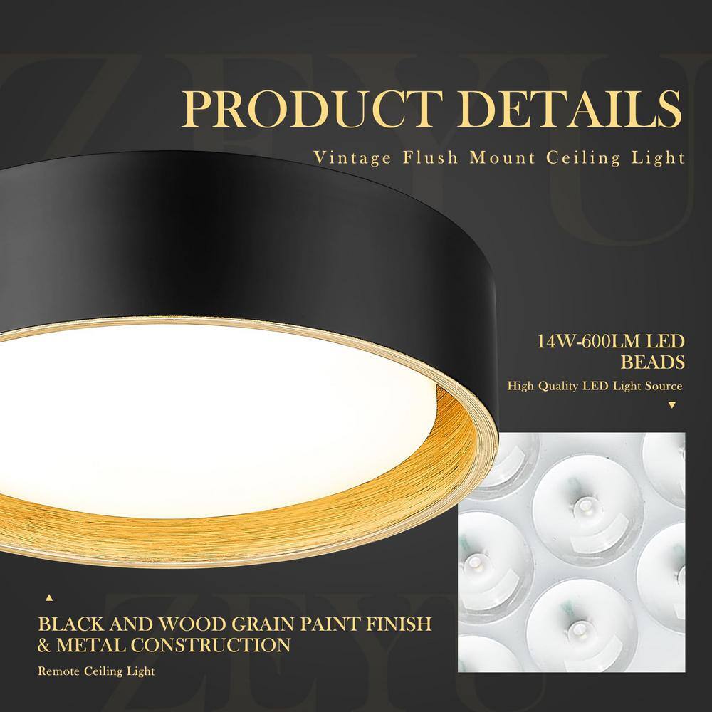 3000K-6500K 14-Watt Integrated LED 12.6 in Black and Wood Grain Flush Mount with Metal Shade and No Bulbs Included - Hercitys