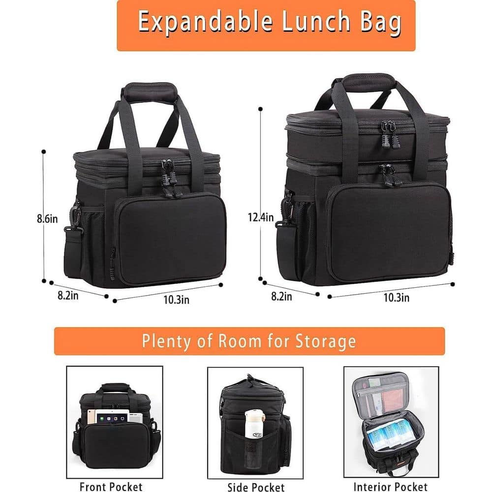 17 qt. Expandable Insulated Large Lunch Box Double Deck Heavy Duty Durable Leakproof Cooler Bag 20 Can Capacity Black - Hercitys