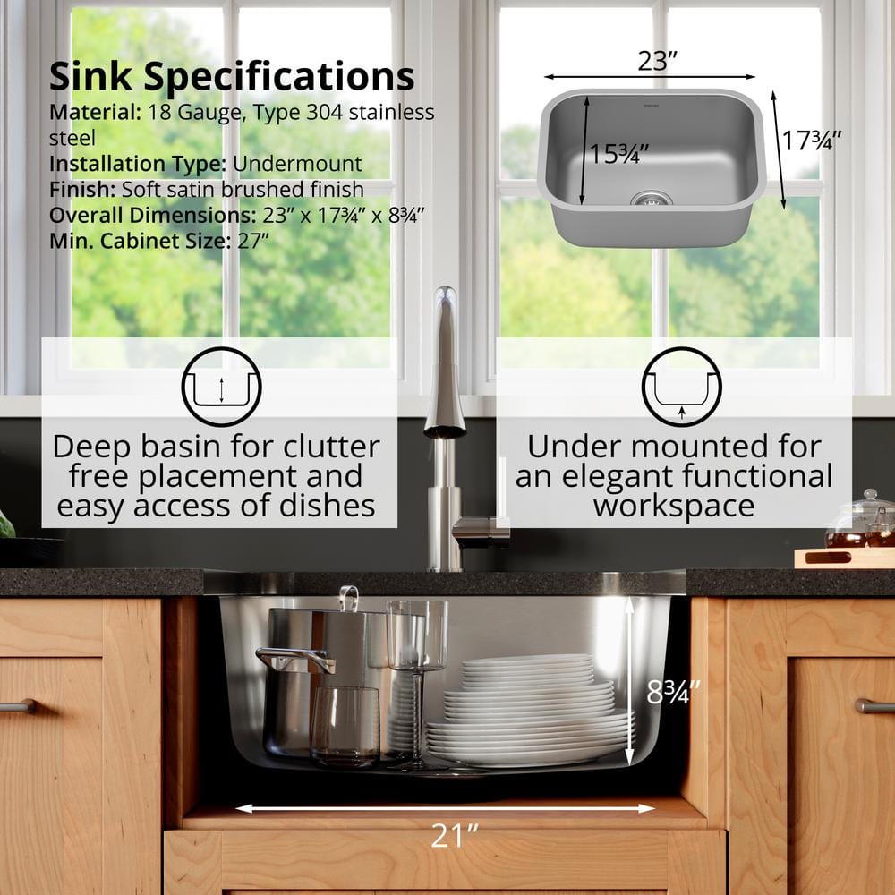 18-Gauge Stainless Steel 23 in. Single Bowl Undermount Kitchen Sink Kit - Hercitys