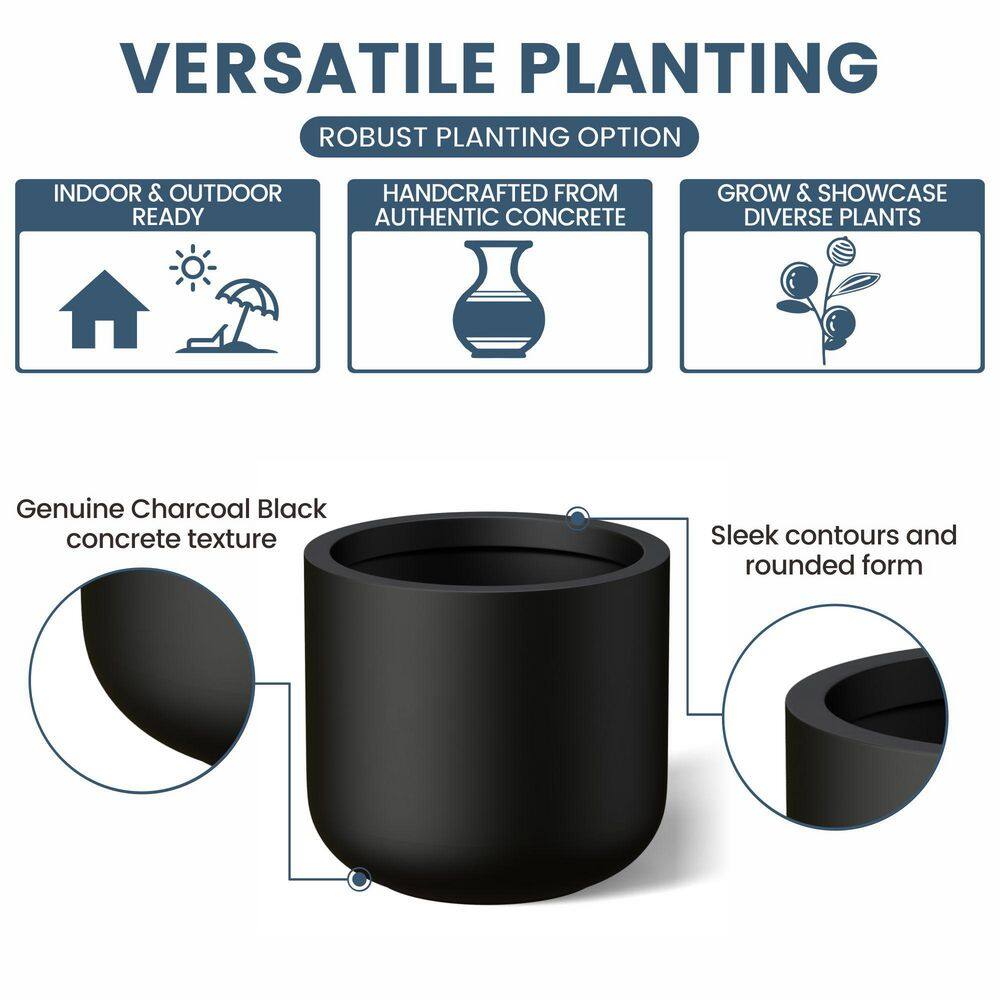 17.5 in. Large Charcoal Black Concrete Round Planter / Pot with Drainage Holes - Hercitys
