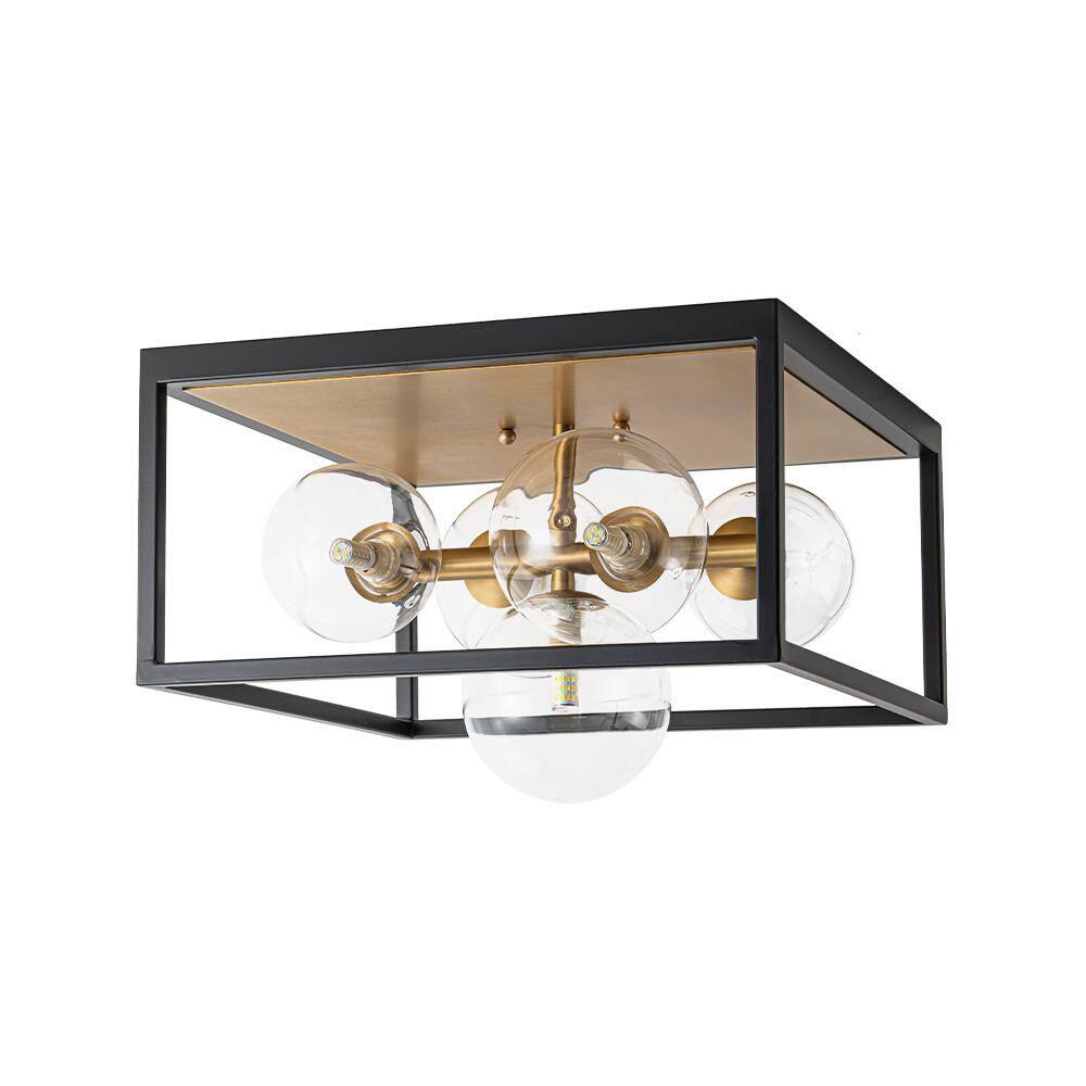 14.17 in. 5-Light Black Gold Modern Farmhouse Open-Caged Flush Mount Close to Ceiling Light with Clear Glass Shade - Hercitys