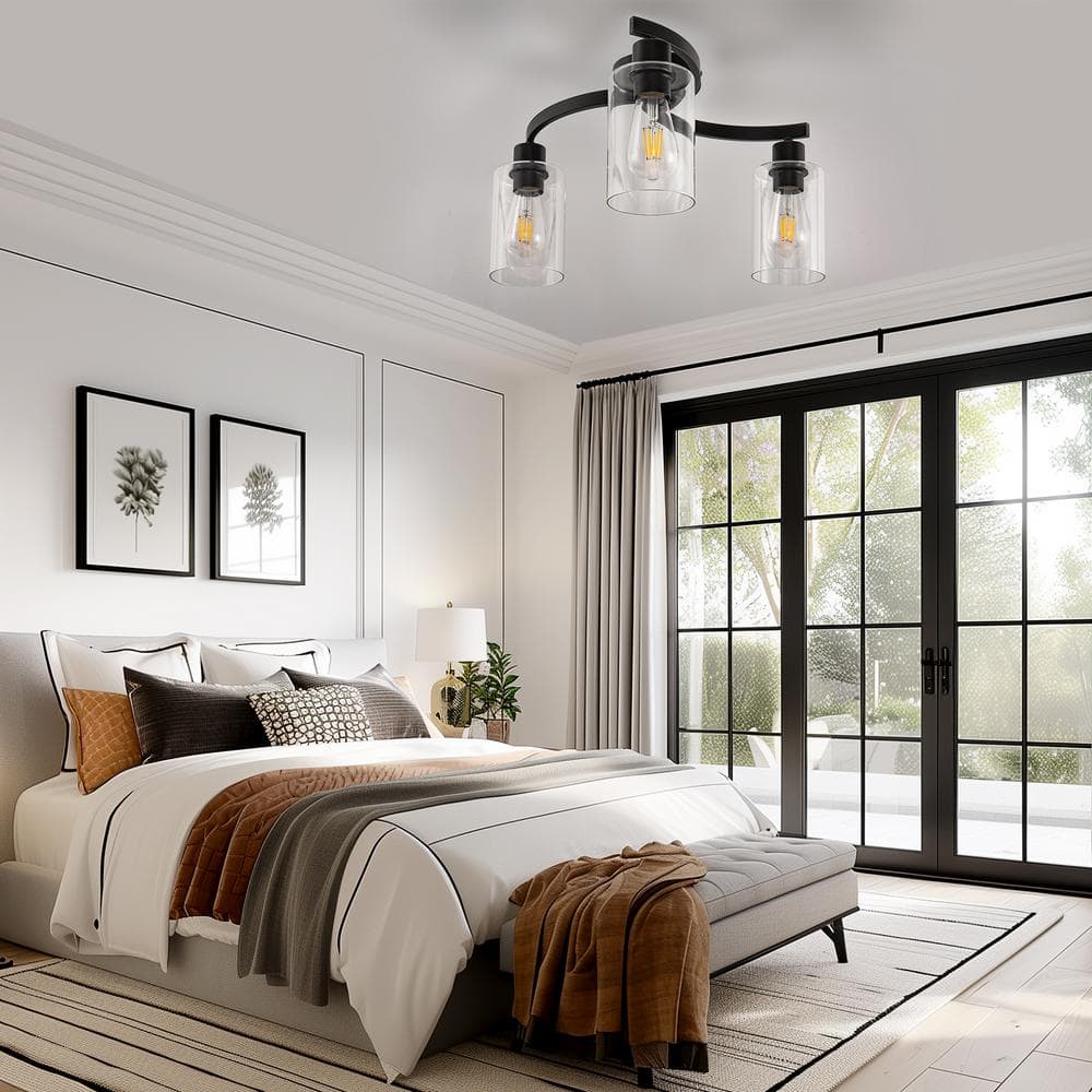 11.8 in. 3-Light Semi-Flush Mount Ceiling Light, Matte Black Bedroom Light Fixtures with Clear Glass Shades - Hercitys