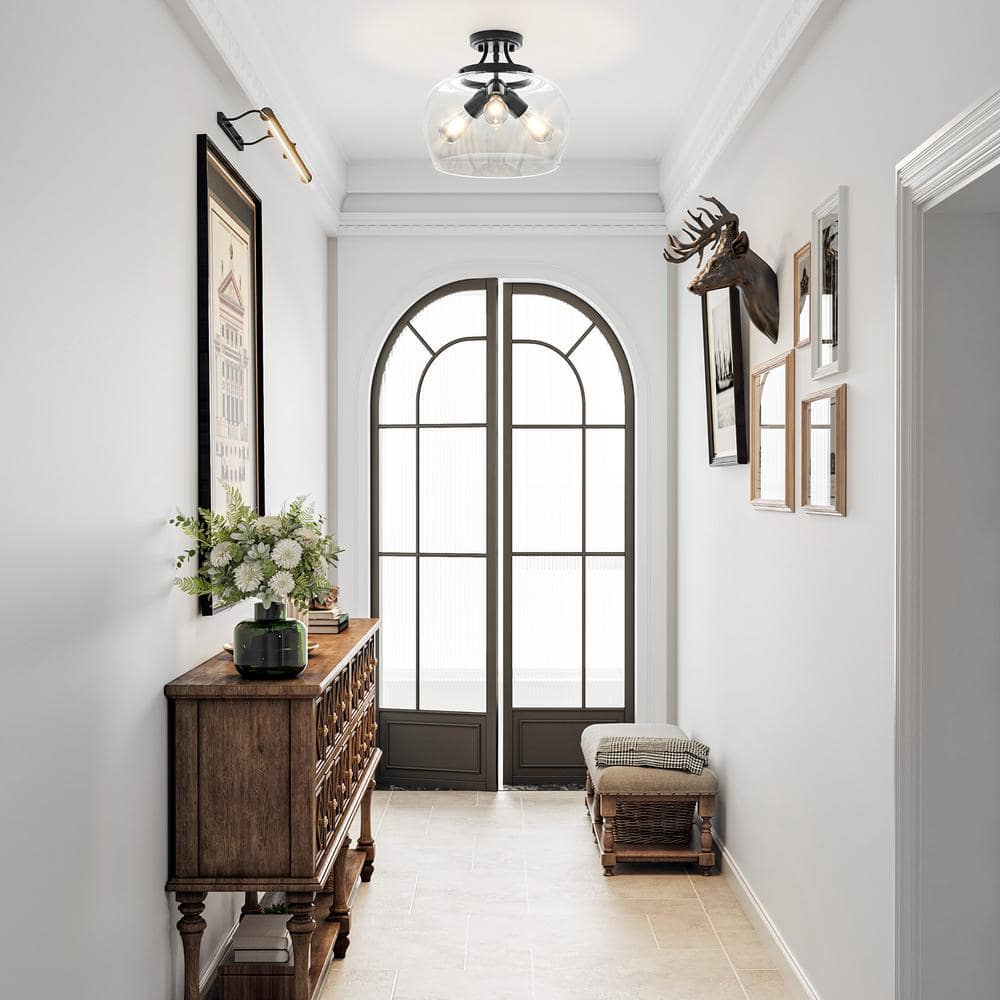 14 in. 3-Light Matte Black Semi-Flush Mount with Clear Glass Shade - Hercitys