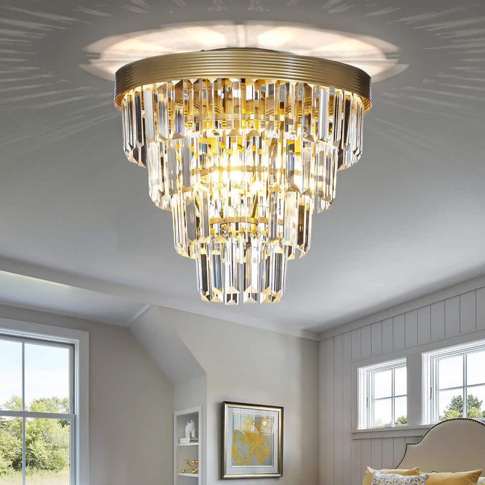 3-Light 13 in. Tiered Gold Mini Flush Mount With Clear Crystals - Hercitys