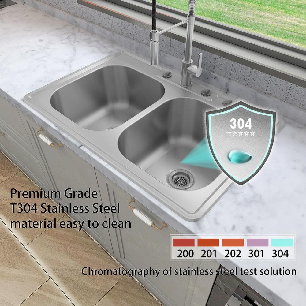 304 Stainless Steel 18 Gauge 33 in. Double Bowl Drop-In Kitchen Sink - Hercitys