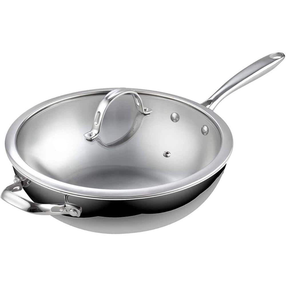 12 in. Multi-Ply Clad Stainless Steel Wok with Lid, Silver, Induction Compatible - Hercitys