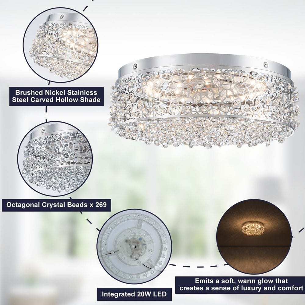 14.17 in. 20-Watt Modern Chrome Metal Round Integrated LED Flush Mount Ceiling Light with Beaded Drum Crystal Shade - Hercitys