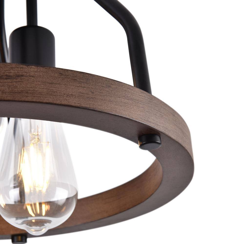 12.6 in. 3-Light Retro Farmhouse Simple Black Semi-Flush Mount Ceiling Light with Wooden Shade - Hercitys