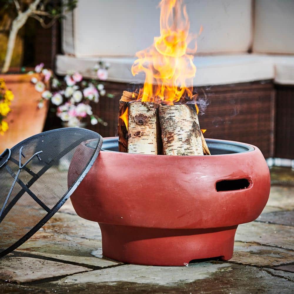 20.87 in. Round Wood Burning Fire Pit with Faux Concrete Base and Accessories, Red - Hercitys