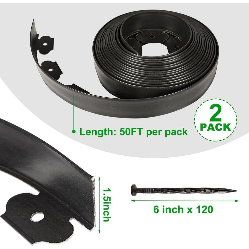 1.5 in. Tall 100 ft. Garden Edging Border with 120 Anchoring Spikes, Black - Hercitys