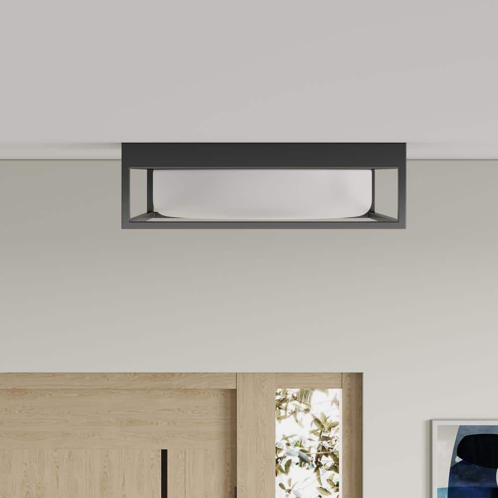 13 in. 2-Light Industrial Black Flush Mount Farmhouse Close to Ceiling Light Fixture with White Glass Shade - Hercitys