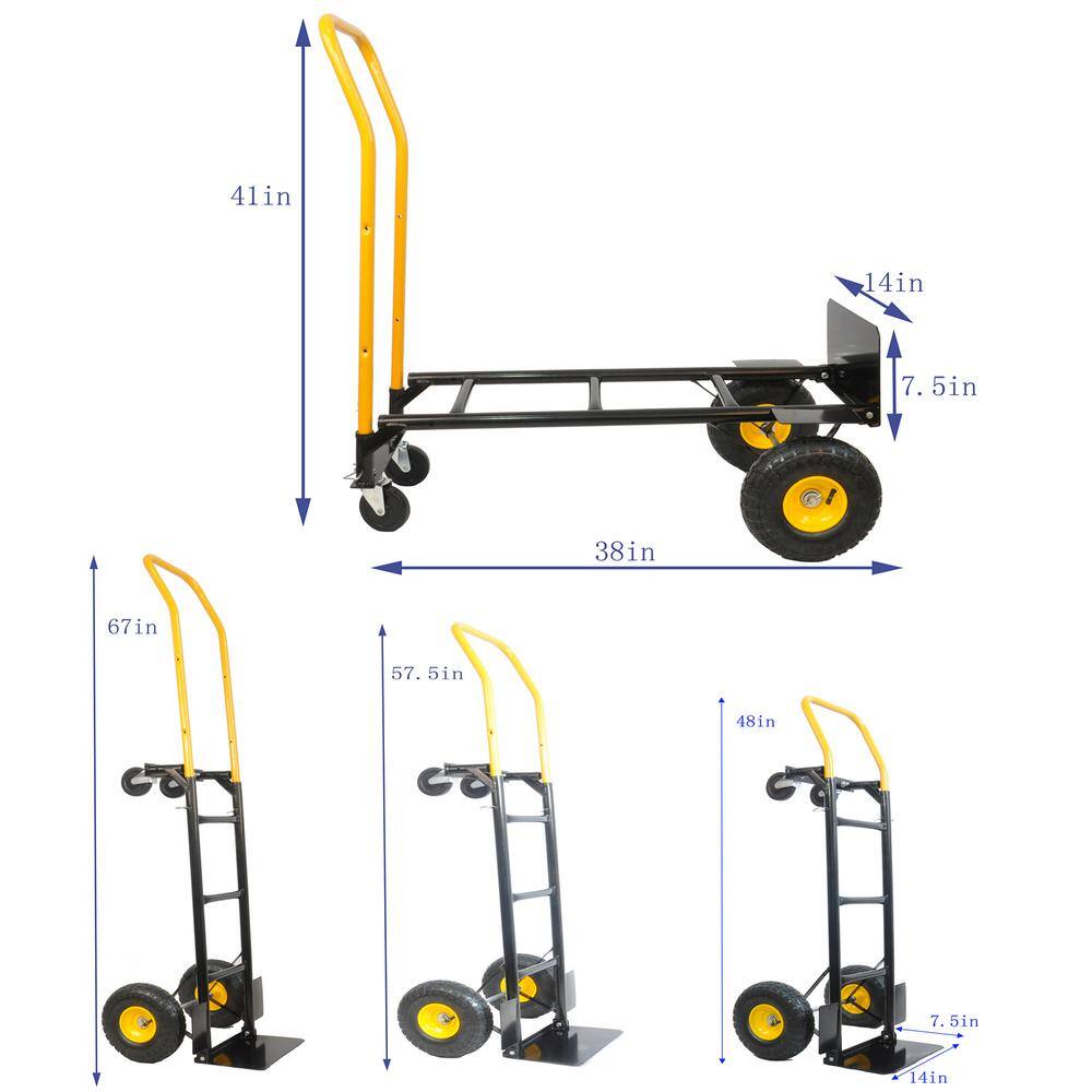 2.34 cu. ft. Yellow Black Metal Garden Cart with Convertible Design 2 Wheel Dolly Cart and 4 Wheel Push Cart - Hercitys