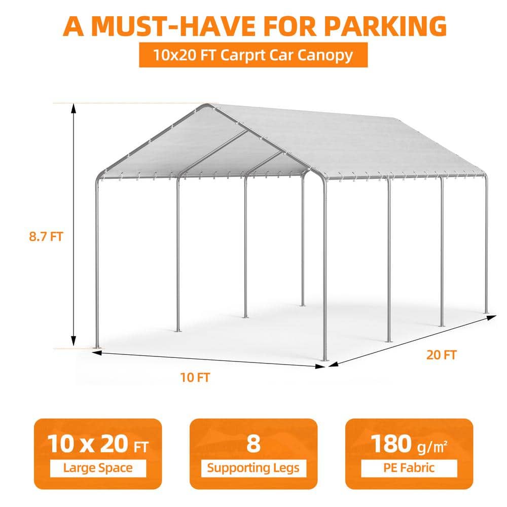 10 ft. W x 20 ft. D Outdoor Portable Carport Waterproof & UV Protected Garage Top Tarp Shelter Cover for Car Boat White - Hercitys