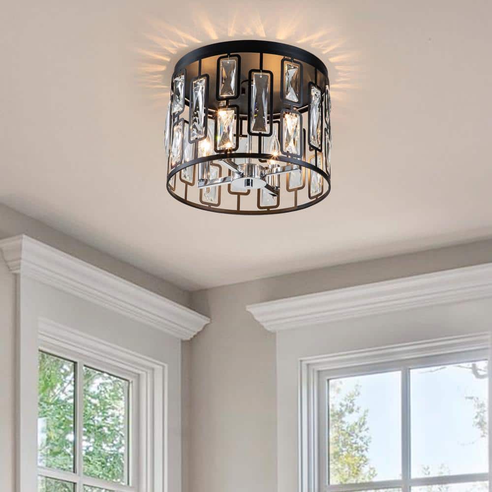 13 in. 4-Light Black Flush Mount with Clear Crystals - Hercitys